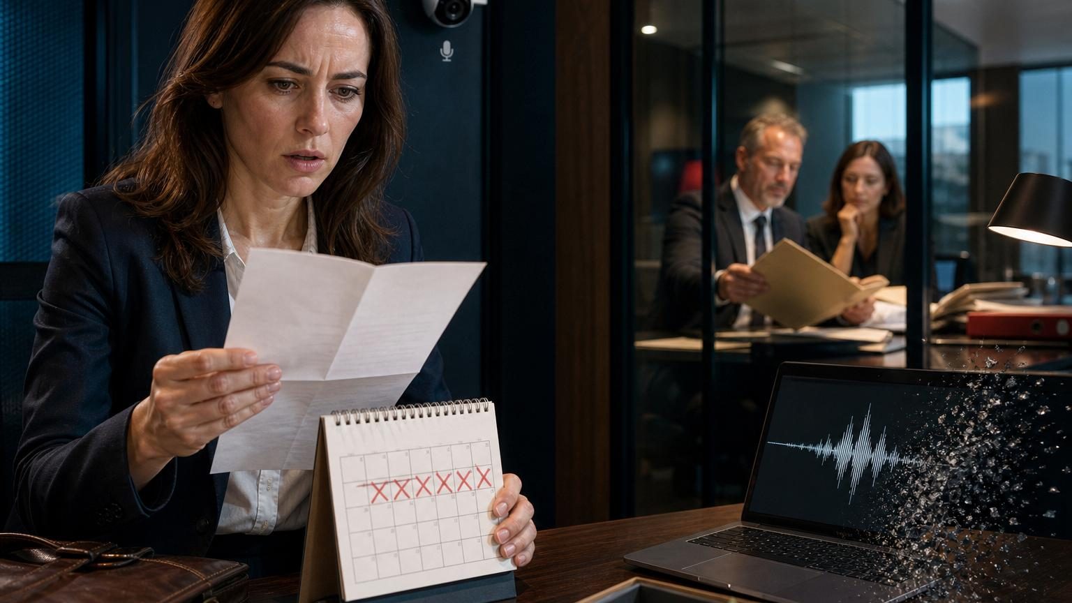 Un bureau moderne avec une caméra de surveillance visible en arrière-plan et un salarié au téléphone, symbolisant la tension entre surveillance professionnelle et vie privée.