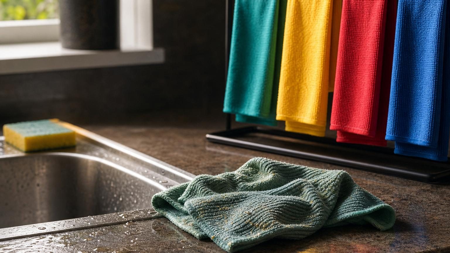 Gros plan d'une main tenant une lavette en microfibre humide au-dessus d'un évier de cuisine, illustrant les risques de prolifération bactérienne liés à l'humidité retenue.