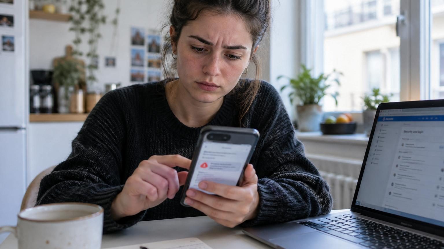 Interface d'alerte de sécurité affichée sur un téléphone mobile montrant une notification de protection contre une demande d'ami suspecte ou une tentative de connexion frauduleuse.