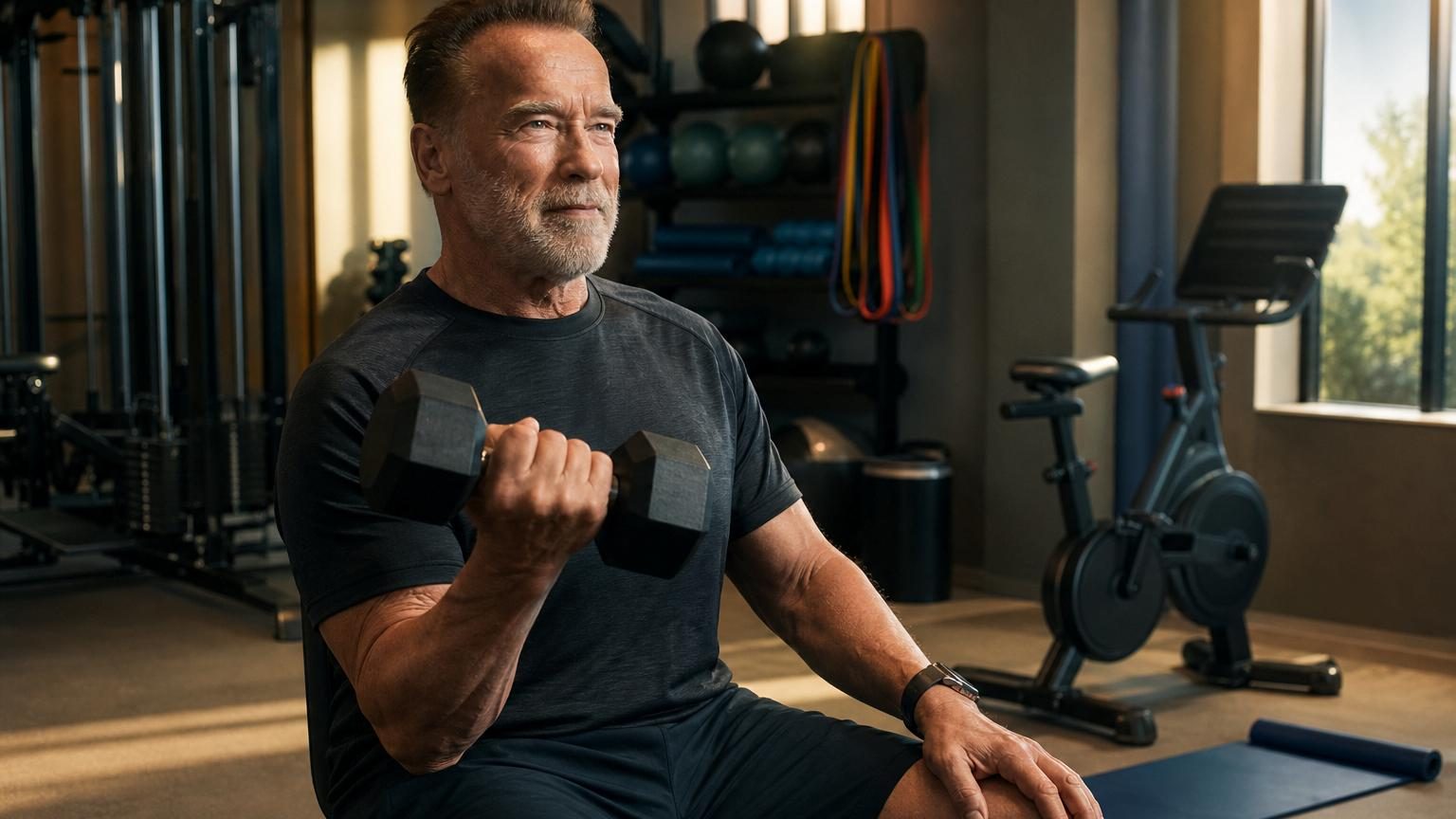 Arnold Schwarzenegger, 78 ans, en tenue de sport dans une salle d'entraînement, effectuant un exercice de musculation adapté à son âge avec des mouvements contrôlés.