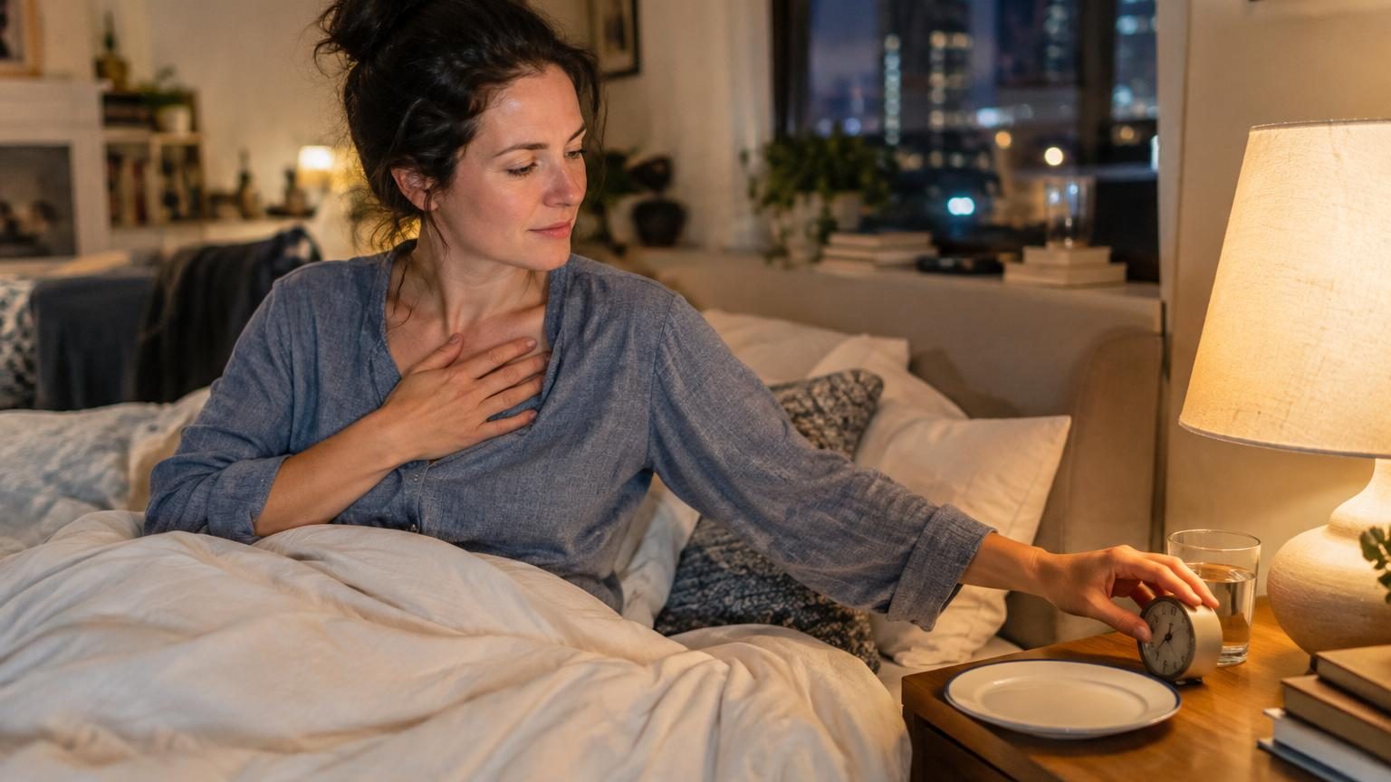Illustration d'une personne résistant à la tentation de grignoter tard le soir devant un écran, avec un cœur en bonne santé symbolisant les bénéfices cardiovasculaires du jeûne prolongé.