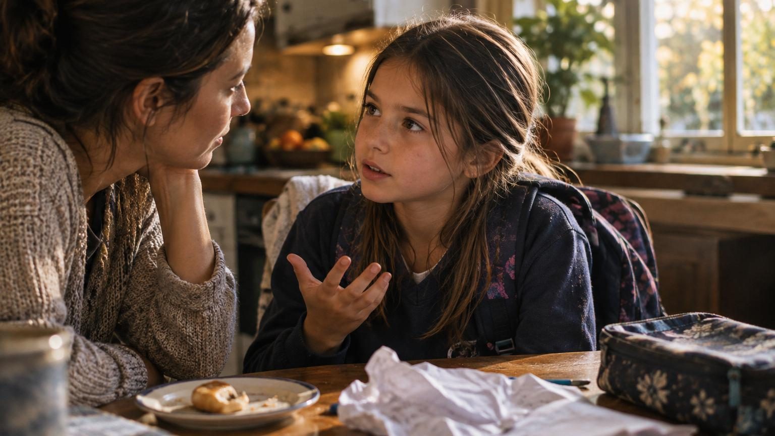 Parent et enfant en conversation bienveillante autour d'une table, écoutant activement sans juger, créant un moment d'échange familial authentique.