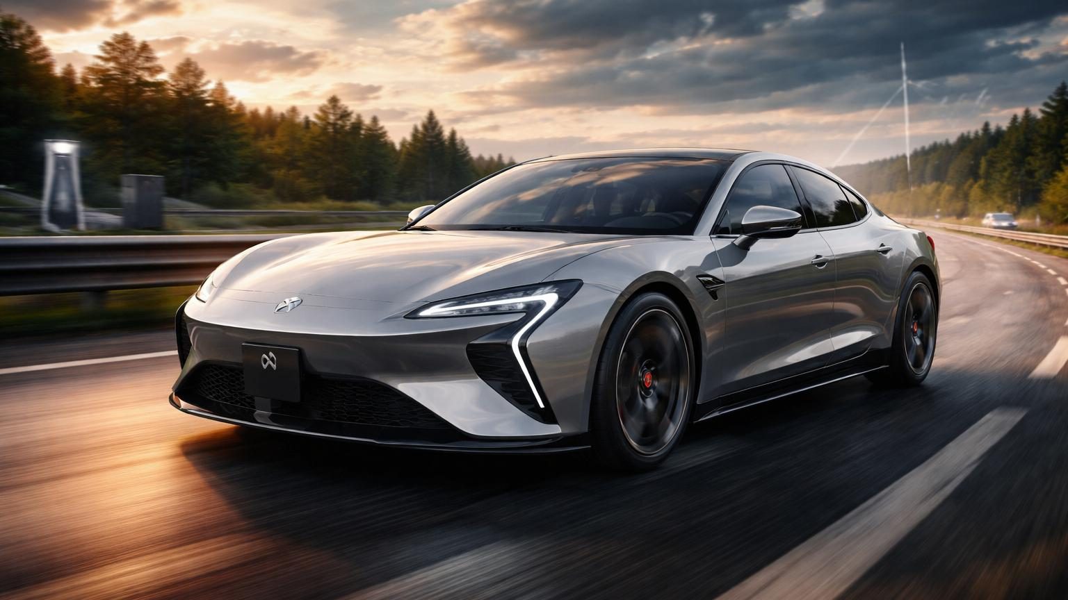 Une berline électrique noir et argent, la Xiaomi SU7 Ultra, circulant à haute vitesse sur une autoroute allemande sans limitation de vitesse, avec des détails de technologie moderne visibles.