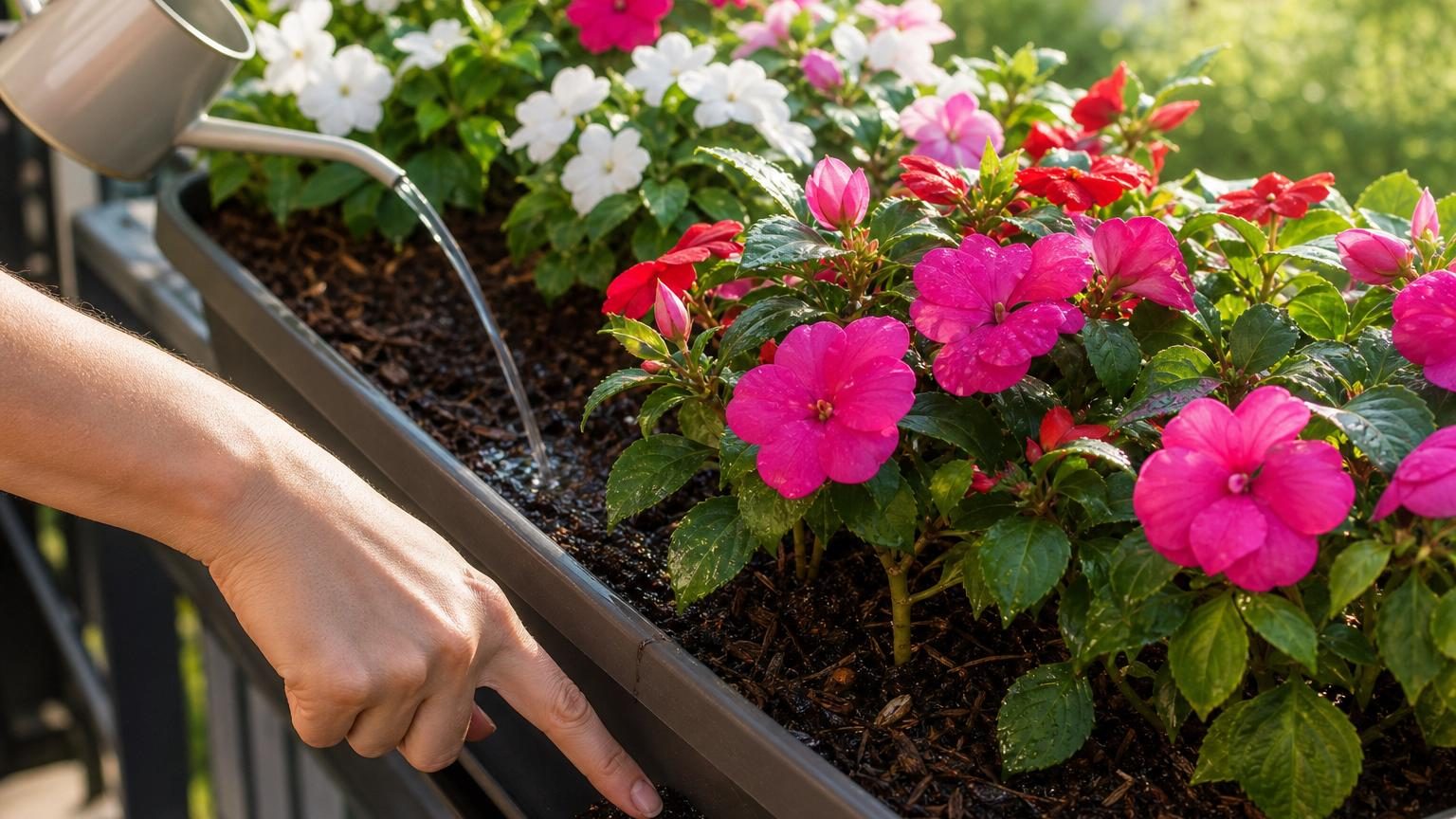 Impatiens roses, rouges et blanches en fleur sur un balcon, tiges dressées et feuillage vert dense dans une jardinière bien humidifiée.