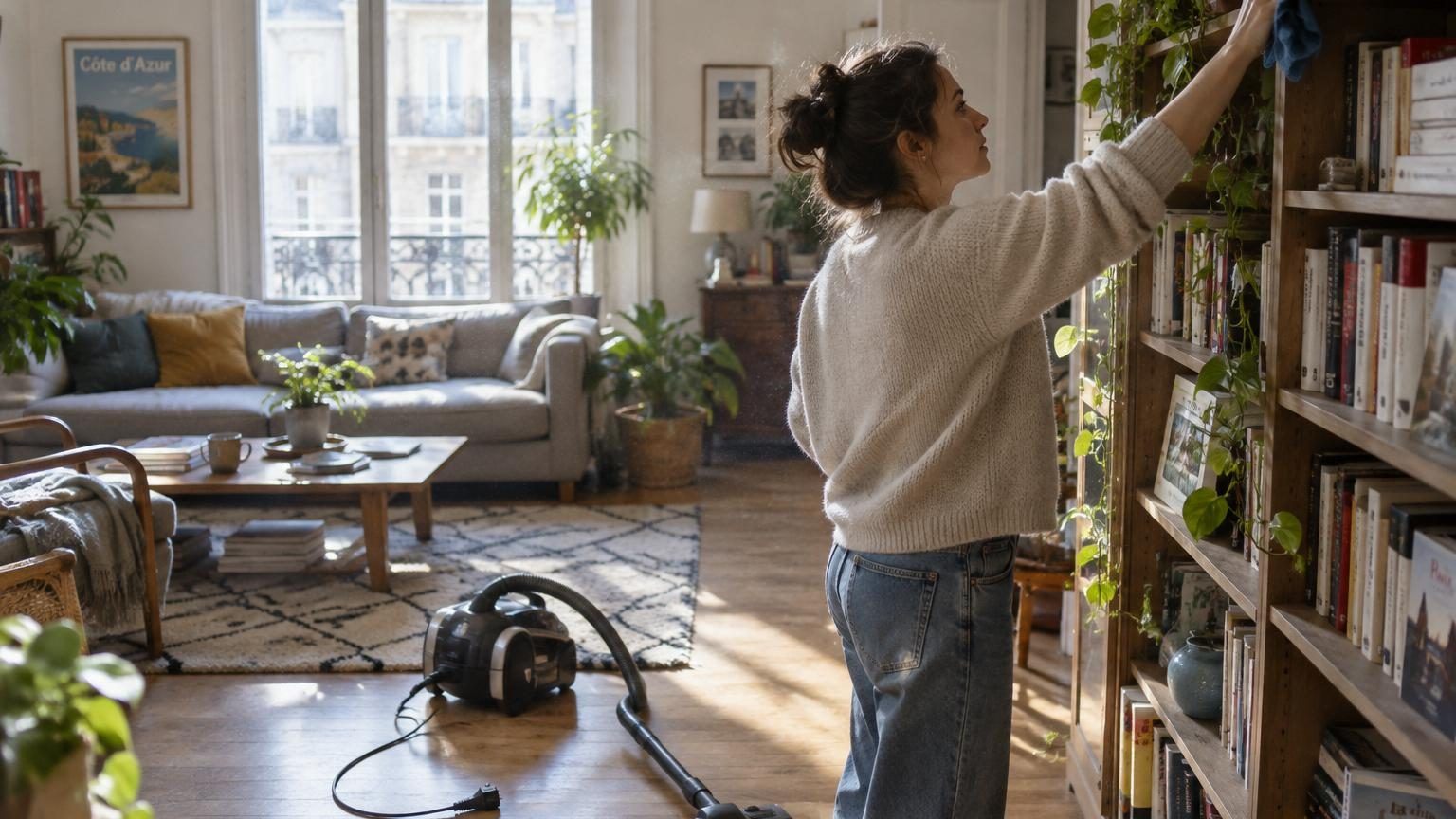 Personne dépoussiérant les étagères d'un meuble blanc avec un chiffon microfibre, progression du haut vers le bas, intérieur moderne et lumineux.
