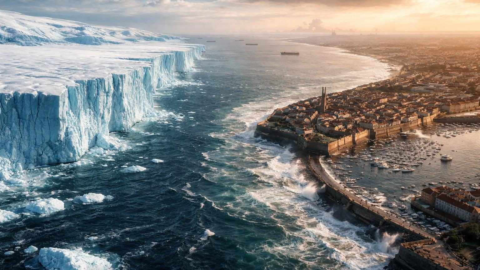 Illustration montrant les calottes glaciaires du Groenland et de l'Antarctique en train de fondre, avec des icebergs se détachant et de l'eau montante menaçant les côtes terrestres.