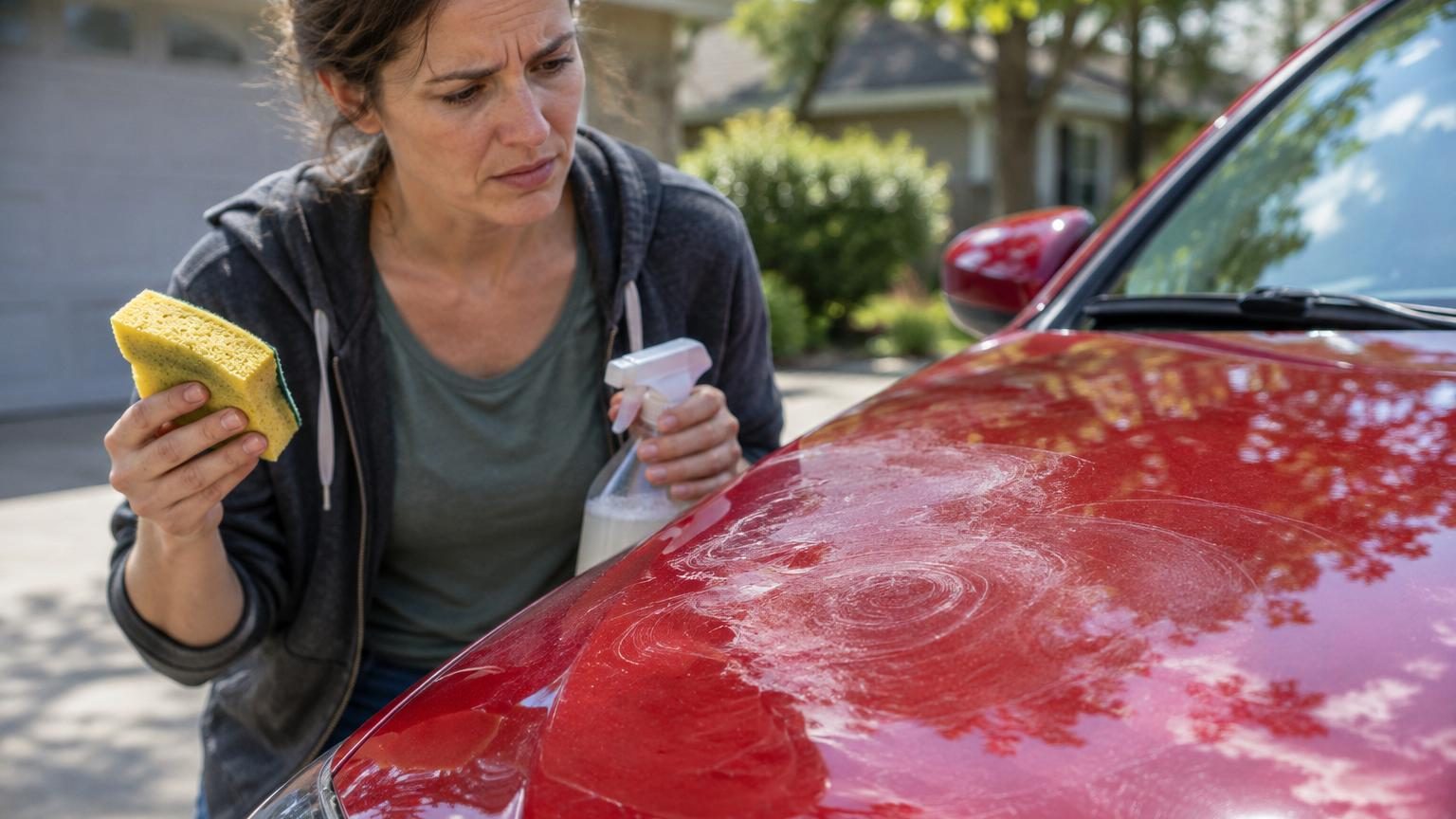 Gros plan sur une voiture étincelante en cours de nettoyage, avec un chiffon en microfibres et des produits spécialisés d'entretien automobile.
