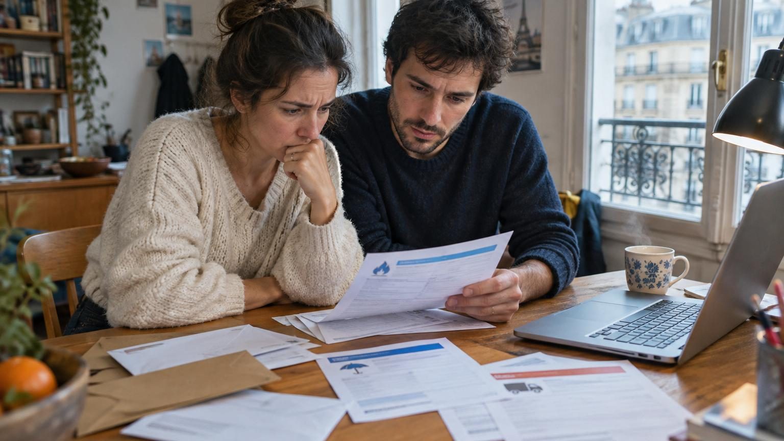 Illustration conceptuelle d'un budget familial pour 2026 montrant des augmentations tarifaires: factures d'assurance, d'énergie et d'impôts, avec des symboles financiers et des lignes de tendance croissantes.