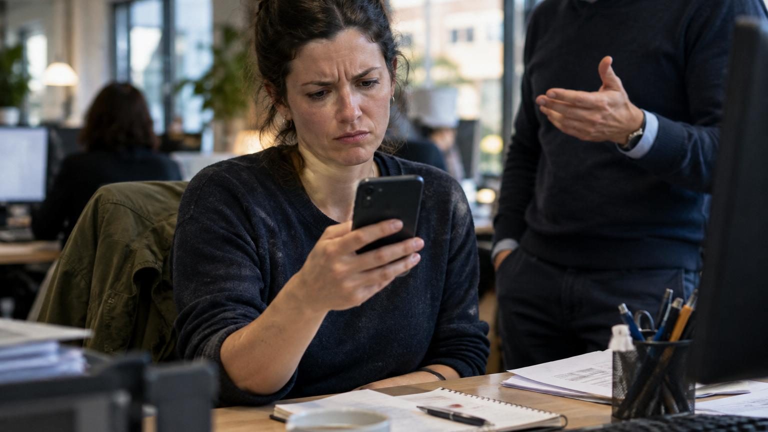 Collègues discutant autour d'un bureau avec des bulles de dialogue contenant des symboles d'interrogation et de communication