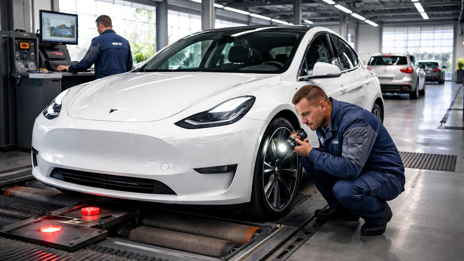 Tesla Model Y rouge garée devant un centre de contrôle technique allemand avec signalétique TÜV visible