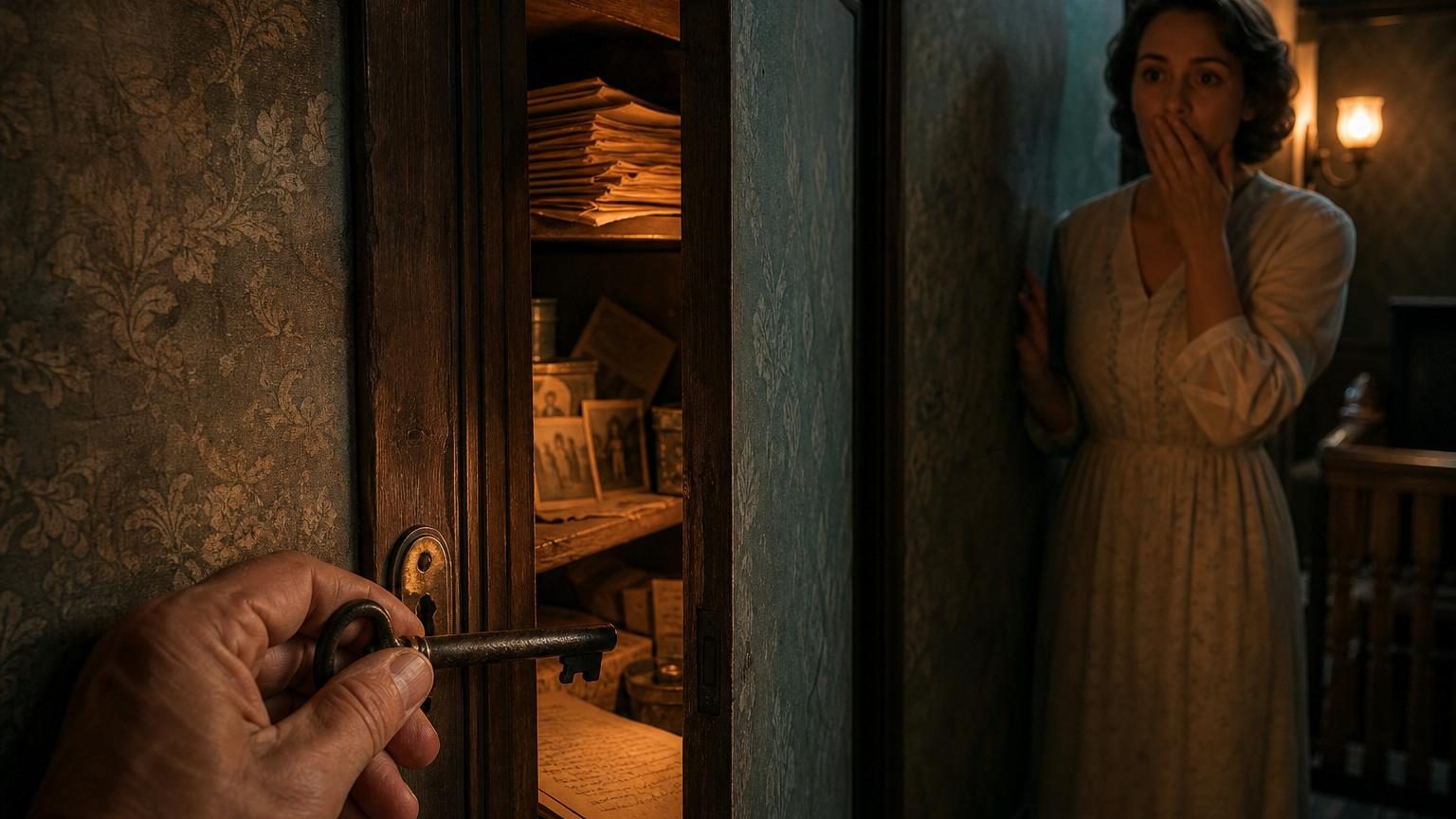 Une clé noire ancienne en laiton avec une tête ovale et une denture particulière, posée à côté d'une porte étroite du premier étage masquée par du papier peint blanc des années 1980, dans un couloir silencieux d'une maison ancienne.