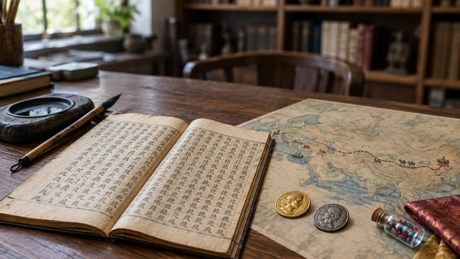 Portrait stylisé d'un lettré chinois ancien écrivant un document, avec en arrière-plan une carte montrant les routes commerciales reliant la Chine à l'Empire romain antique
