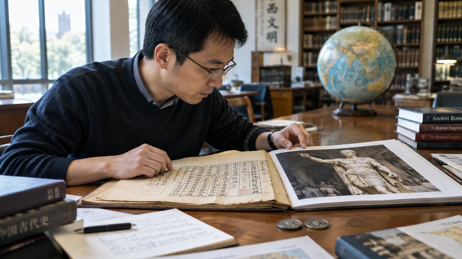 Document historique ou manuscrit ancien avec caractères chinois et illustrations montrant une description textuelle d'un empire lointain et fortifié.