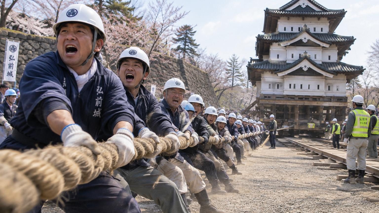 Milliers de volontaires tirant ensemble sur de longues cordes pour déplacer manuellement une tour de château traditionnelle japonaise posée sur des rouleaux, en effectuant un effort collectif coordonné.