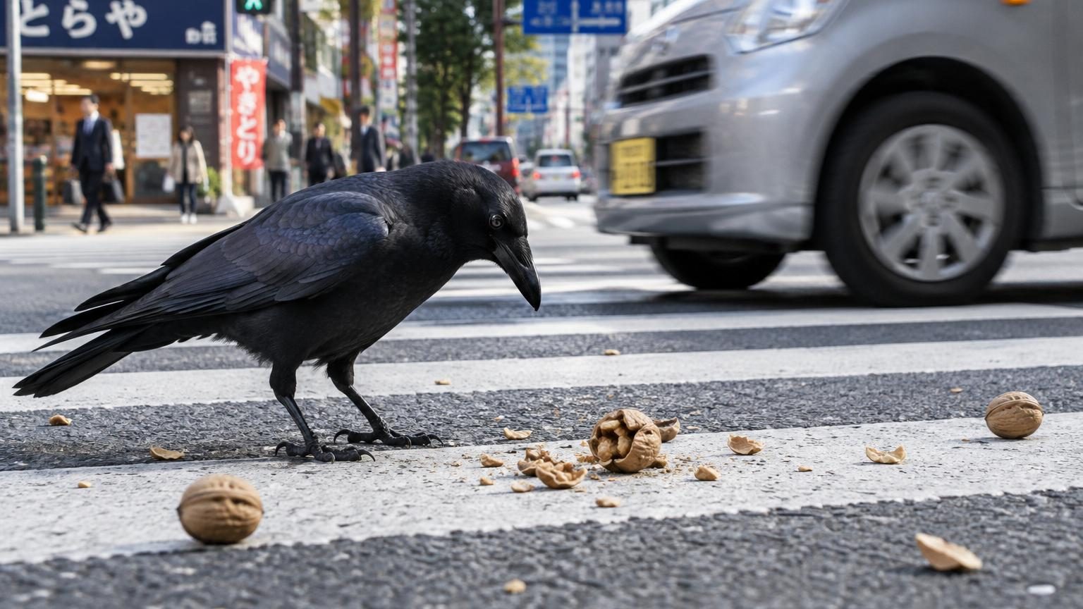 Un corbeau noir posé sur une route près d'un feu tricolore, avec une noix placée sur l'asphalte devant une voiture arrêtée, illustration du comportement d'utilisation des véhicules comme casse-noix.