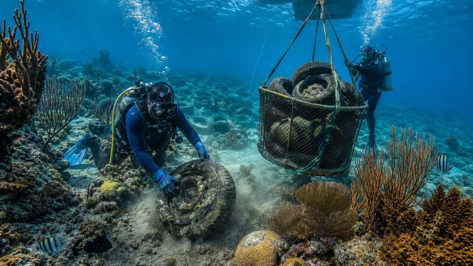 Plongeurs récupérant des pneus dispersés sur les fonds marins au large de la Floride, entourés de débris et de sédiments accumulés