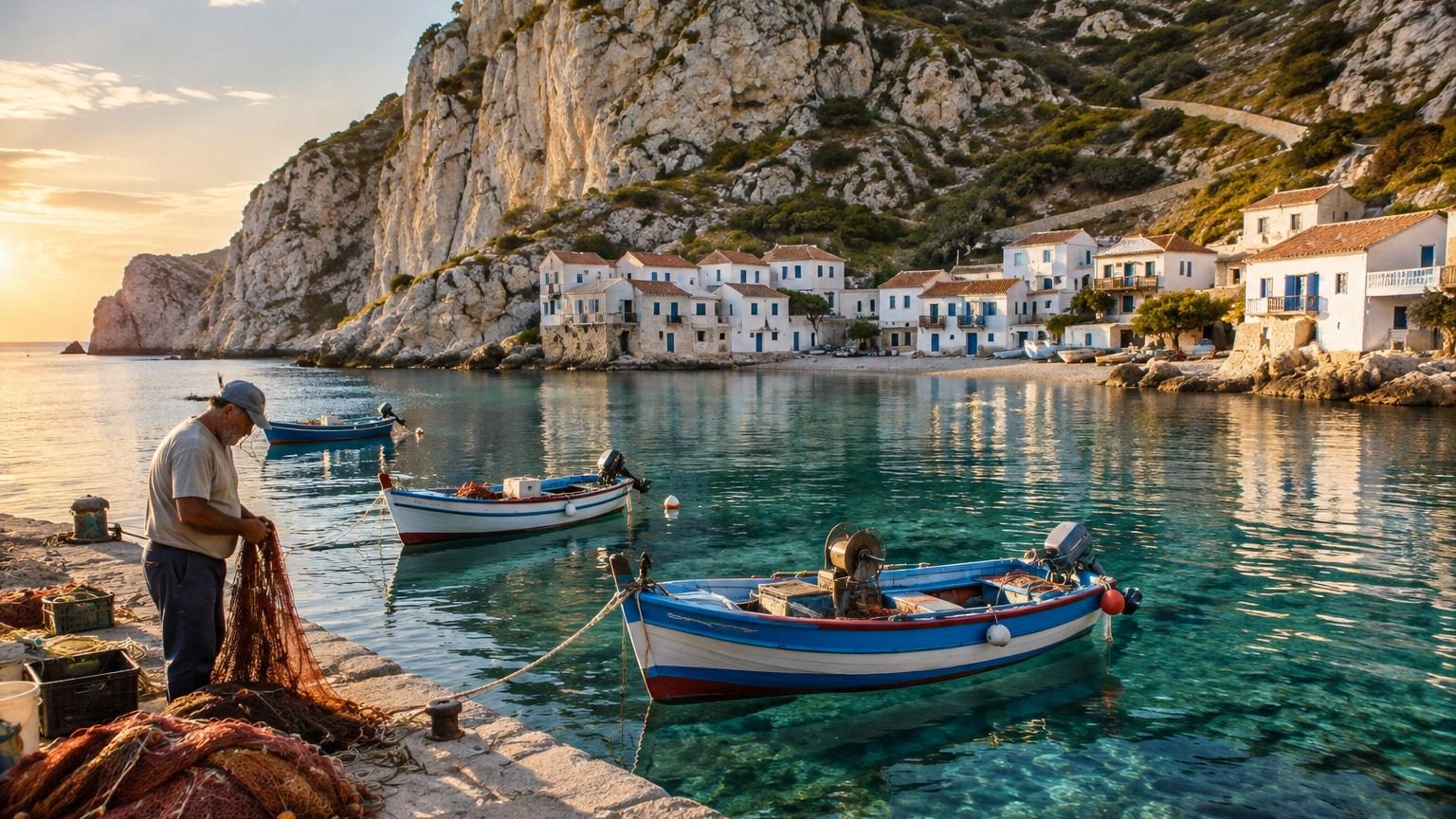 Falaises calcaires blanches surplombant des eaux turquoise cristallines avec des petits bateaux de pêche colorés et un village côtier aux façades claires sous le soleil méditerranéen