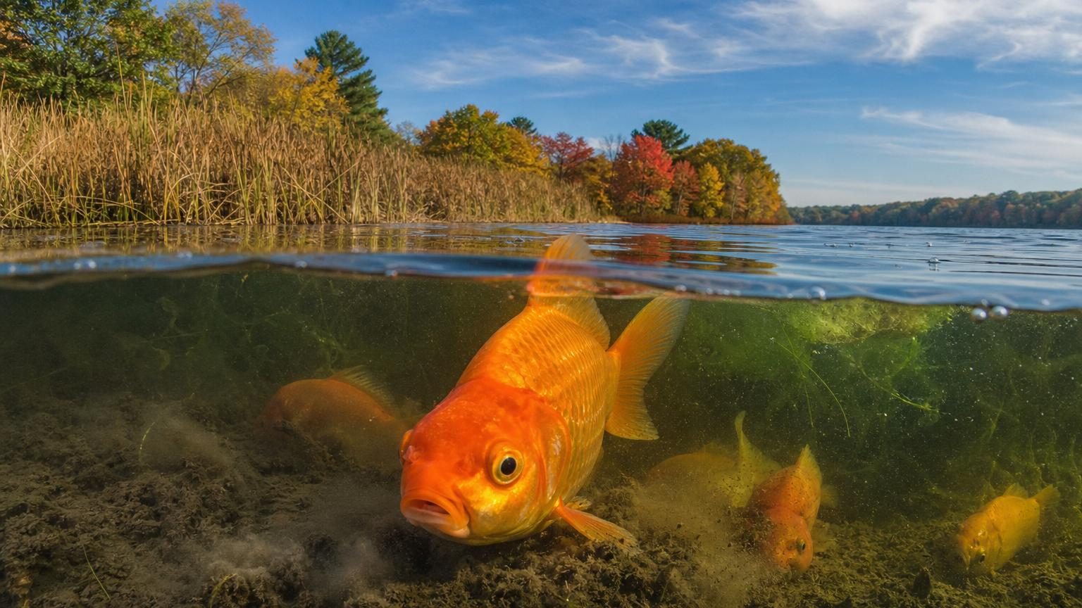 Carassin doré de grande taille aux écailles orange et brillantes, photographié dans l'eau, montrant sa croissance imposante comparée à ce qu'il serait en aquarium domestique.
