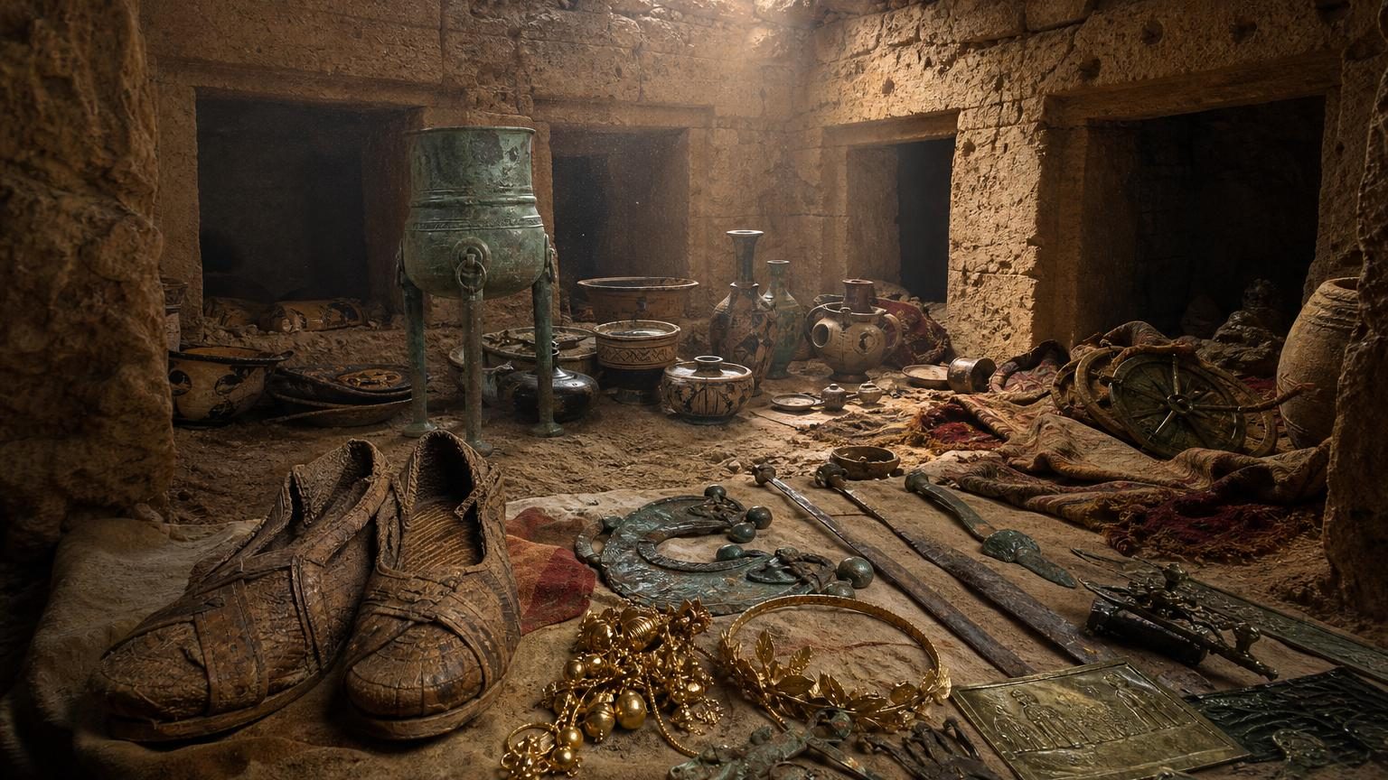 Vue archéologique d'une chambre funéraire étrusque souterraine contenant des armes, bijoux et objets de banquet disposés au sol en terre battue.