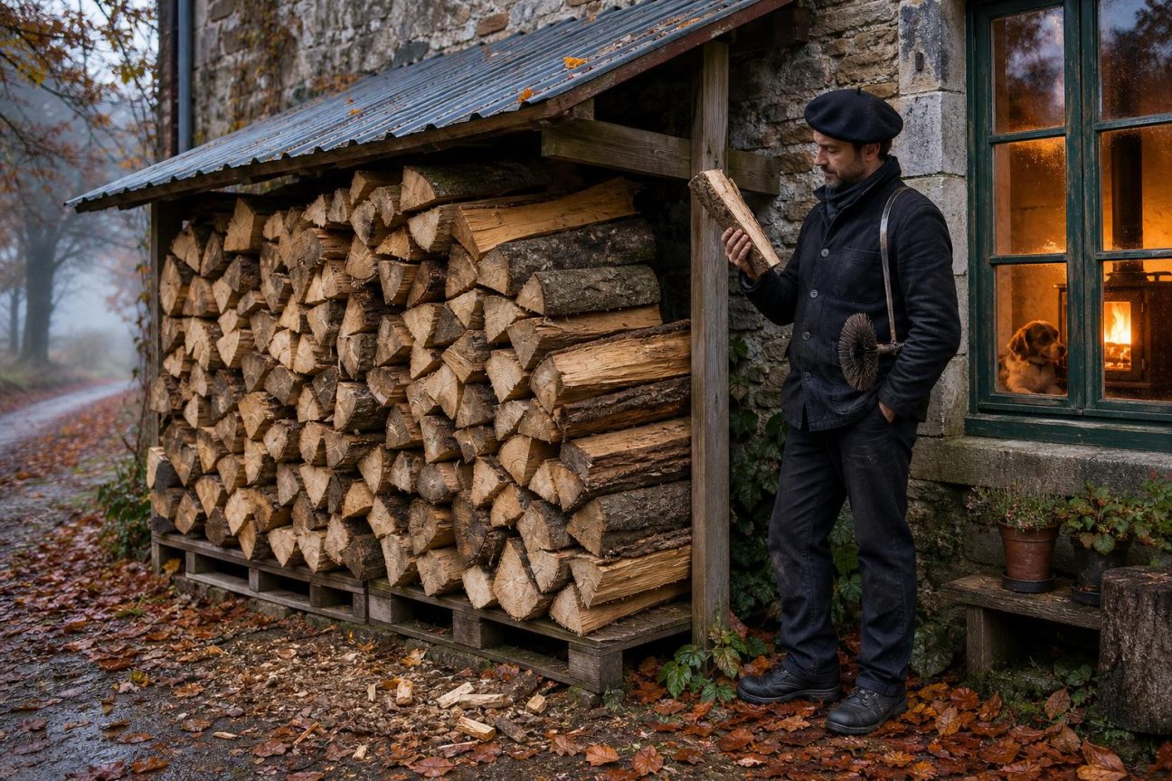 Tas de bûches de bois fendu rangé sur des palettes contre un mur, protégé par un toit et bien aéré sur les côtés durant deux étés.