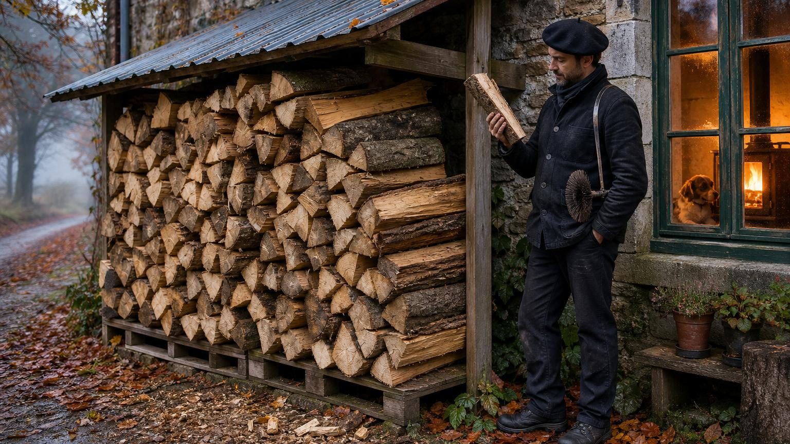 Tas de bûches de bois fendu rangé sur des palettes contre un mur, protégé par un toit et bien aéré sur les côtés durant deux étés.
