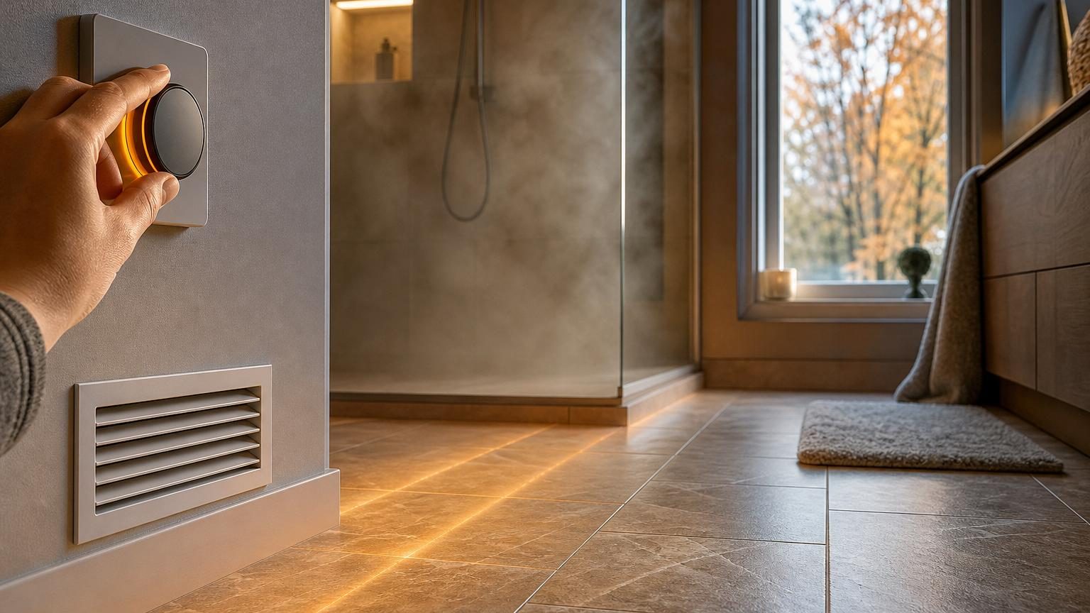 Gros plan sur des carreaux beiges ou gris d'une salle de bains avec un thermomstat de chauffage au sol ou des joints entre les carreaux visibles