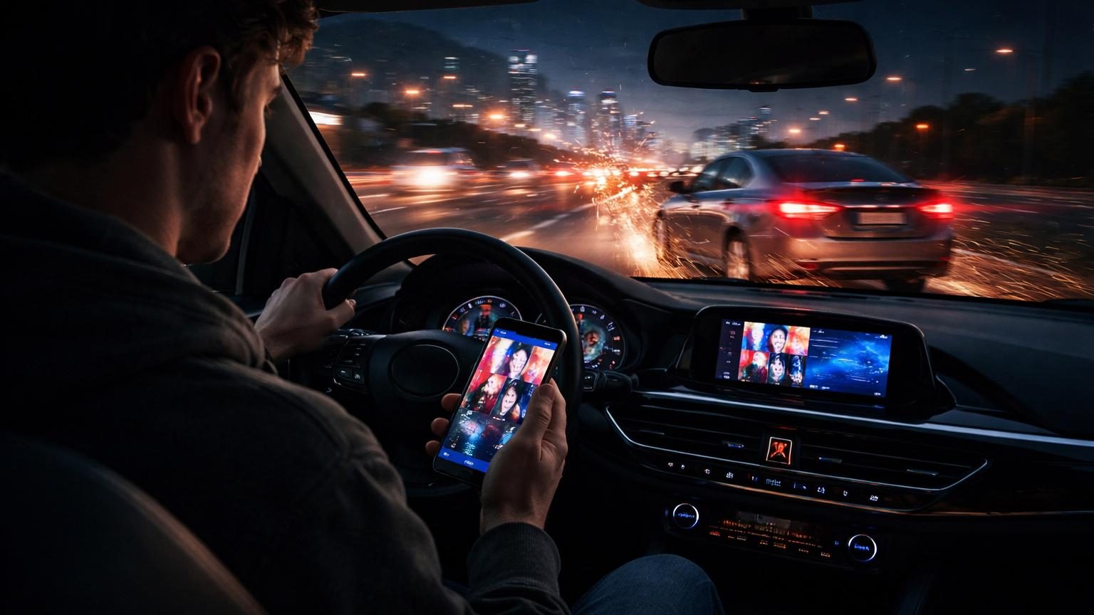 Un téléphone mobile affichant l'interface de Spotify sur un tableau de bord automobile avec un album populaire en cours de lecture, illustrant la distraction au volant.