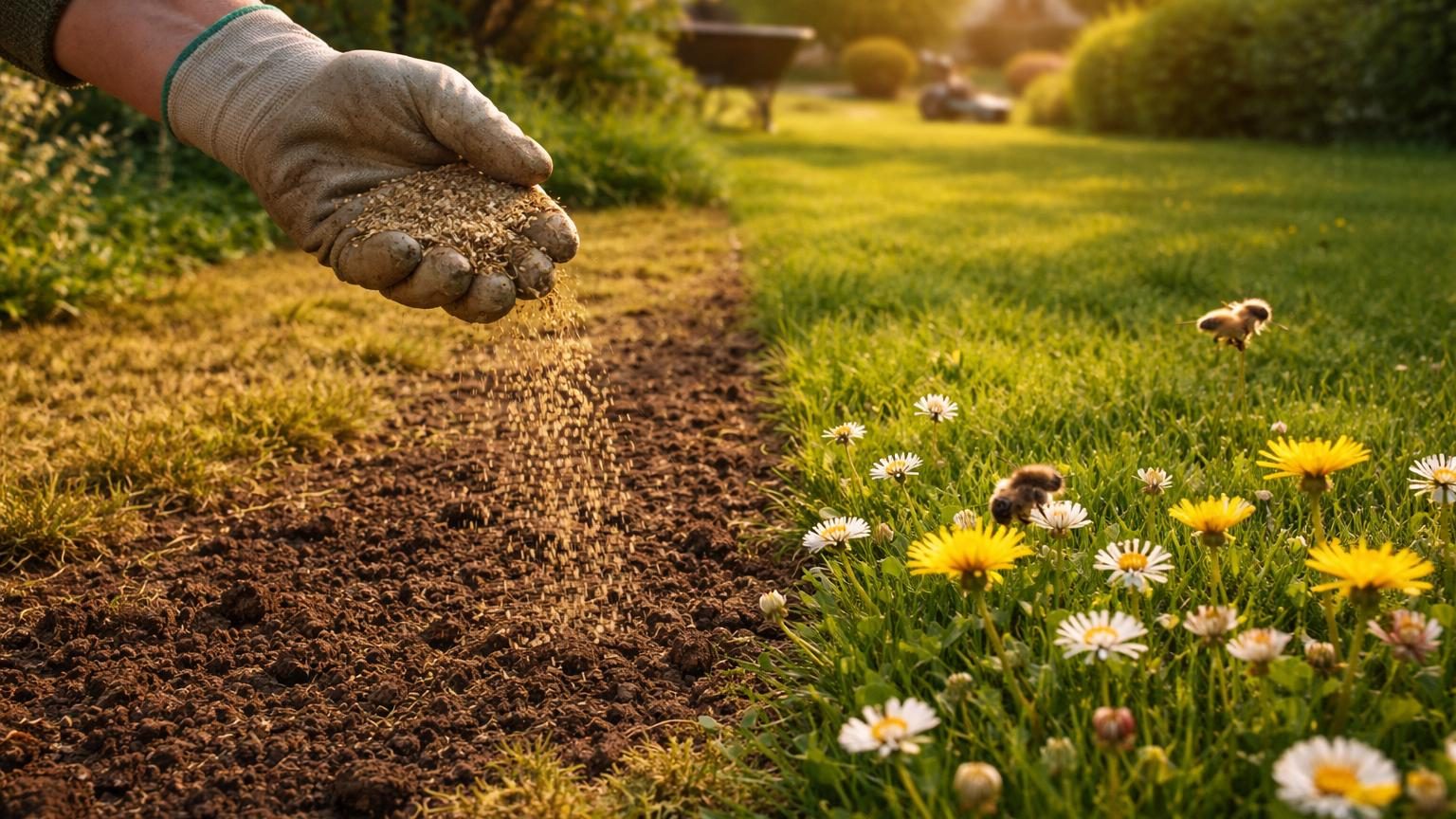 Main tenant une poignée de graines de gazon au-dessus d'une pelouse jaunie et mousseuse au printemps, symbolisant le sursemis.
