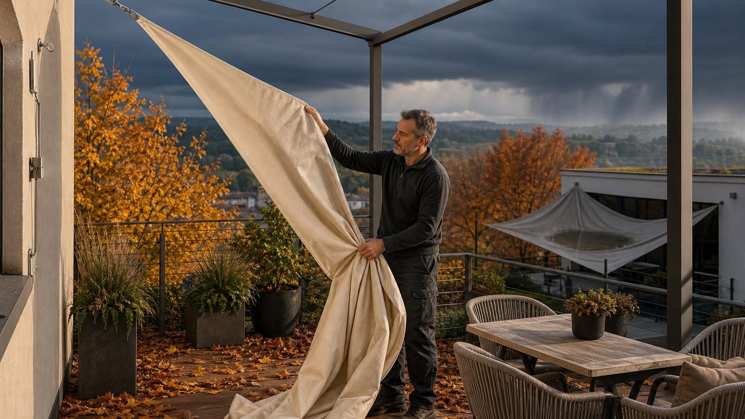 Une toile tendue sur une terrasse avec mobilier de jardin, formant un espace repas ombragé en fin d'été ou début d'automne.