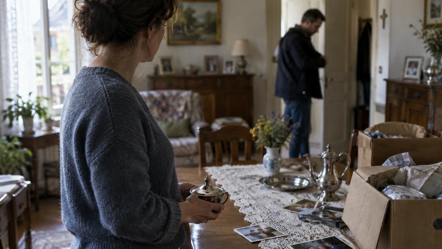 Boîte métallique ouverte contenant des documents financiers, contrats de prêt et factures exposant une liaison cachée dissimulée derrière une vente systématique d'objets domestiques et de souvenirs familiaux.