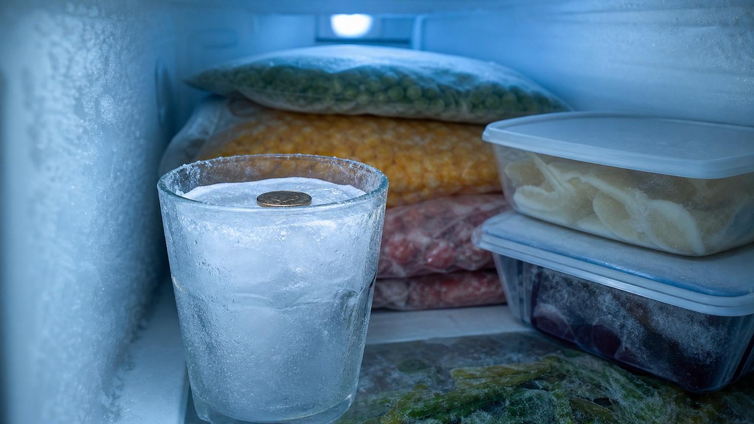 Un verre transparent contenant de la glace avec une pièce de monnaie posée dessus, indicateur de décongélation pour contrôler l'état du congélateur.