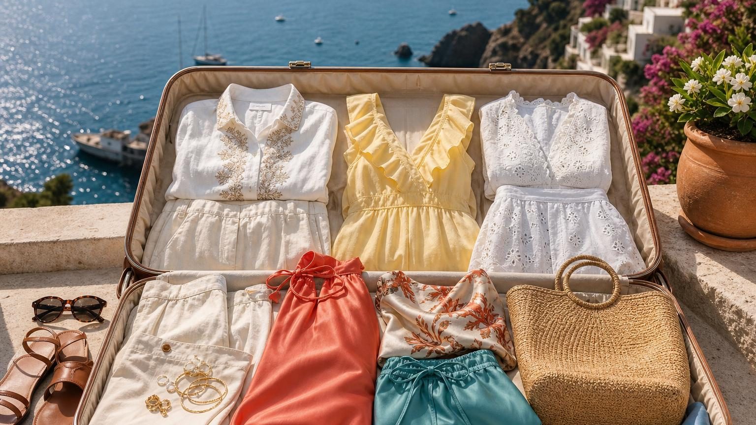 Sélection de vêtements estivaux Zara et H&M en lin, satin et popeline, présentant chemises brodées, robes fluides et pantalons légers dans des teintes douces.