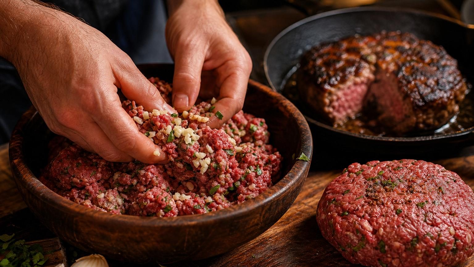 Steak haché saignant dans une assiette avec gousses d'ail frais côté, symbolisant l'assaisonnement aromatique pour préserver le moelleux