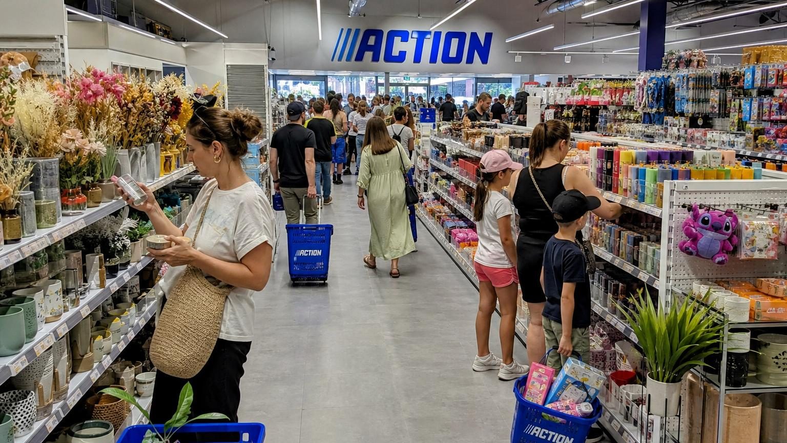 Intérieur d'un magasin Action avec rayons colorés remplis de produits variés à bas prix, clients parcourant les articles.