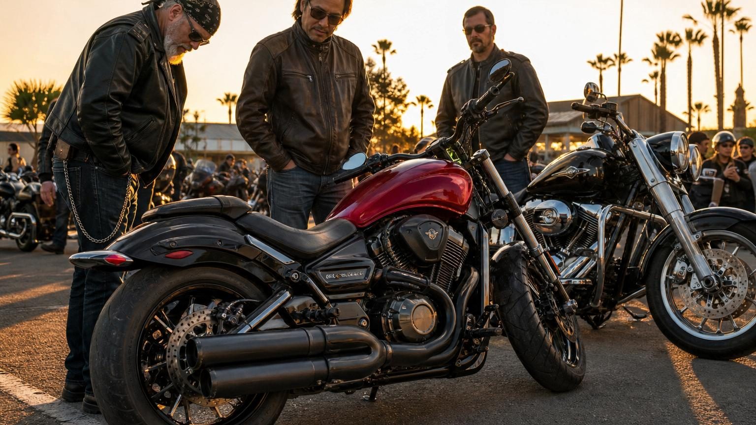 Moto cruiser chinoise QJMotor SRV 700 noire avec réservoir sculpté, sur un parking de rassemblement motocycliste à côté de motos américaines aux chromes brillants.