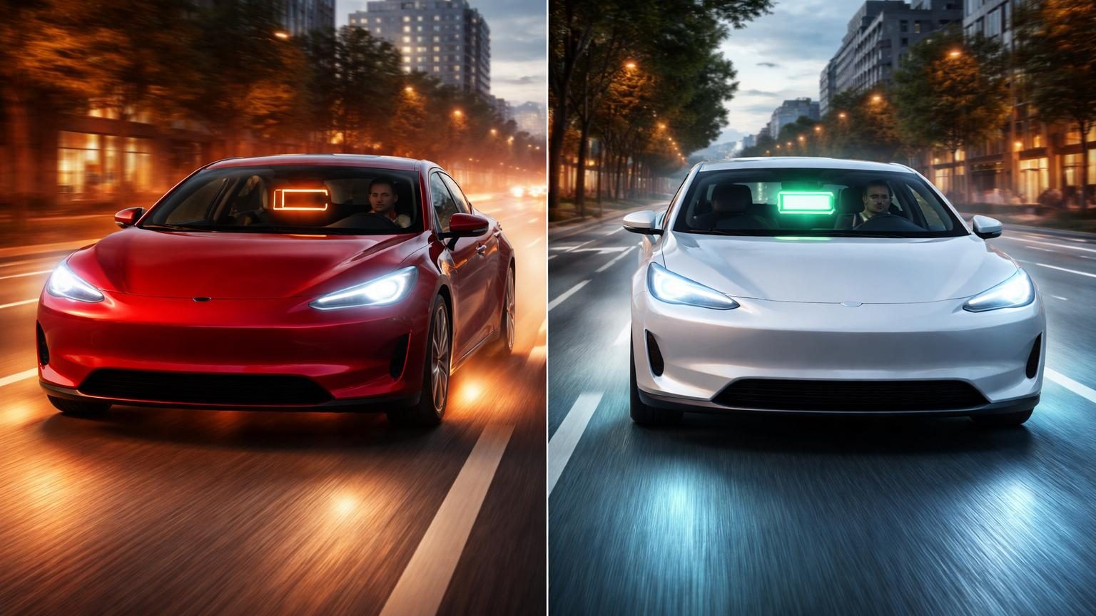 Batterie lithium-ion d'une voiture électrique avec indicateurs de charge et de santé, montrant les effets de l'usure selon le style de conduite