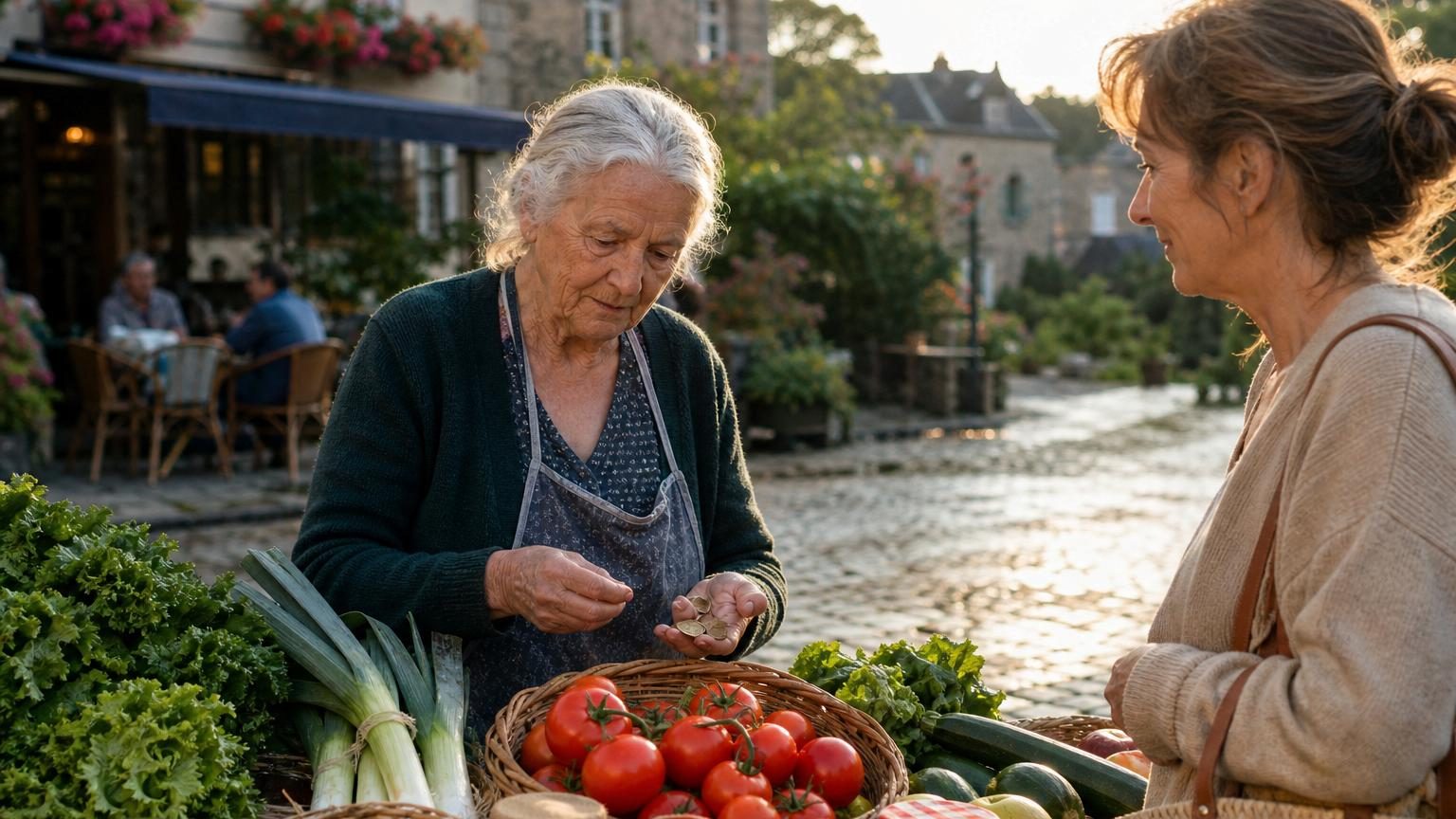 Béatrice, une femme âgée, aligne ses salades, ses œufs et ses tomates sur son étal du marché du village à l'aube, avec l'attention d'une productrice habituée.