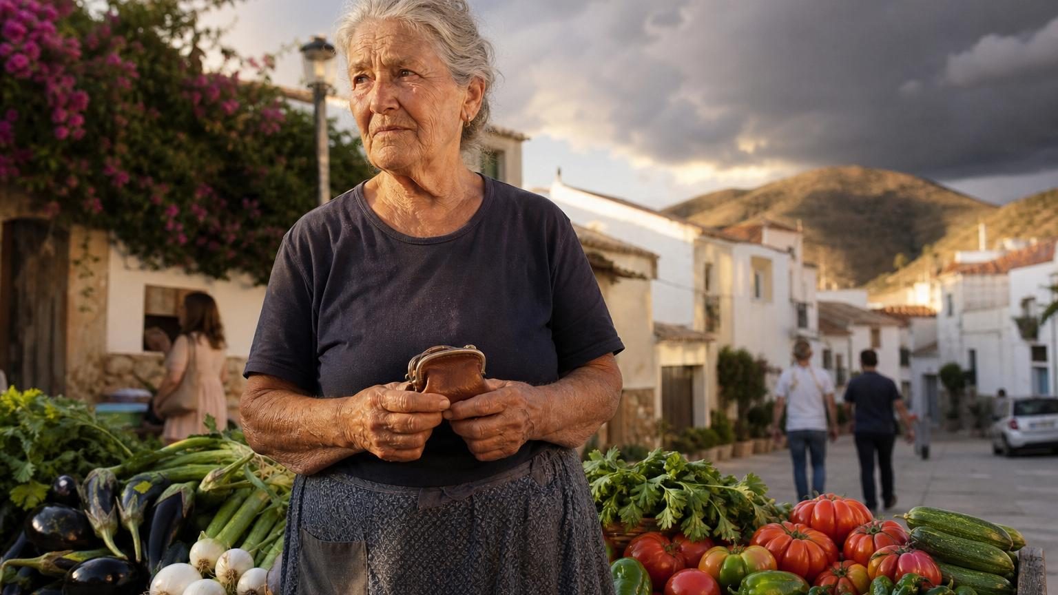 Une femme âgée avec un panier de légumes frais dans une rue du village andalou de Los Gallardos, Almería