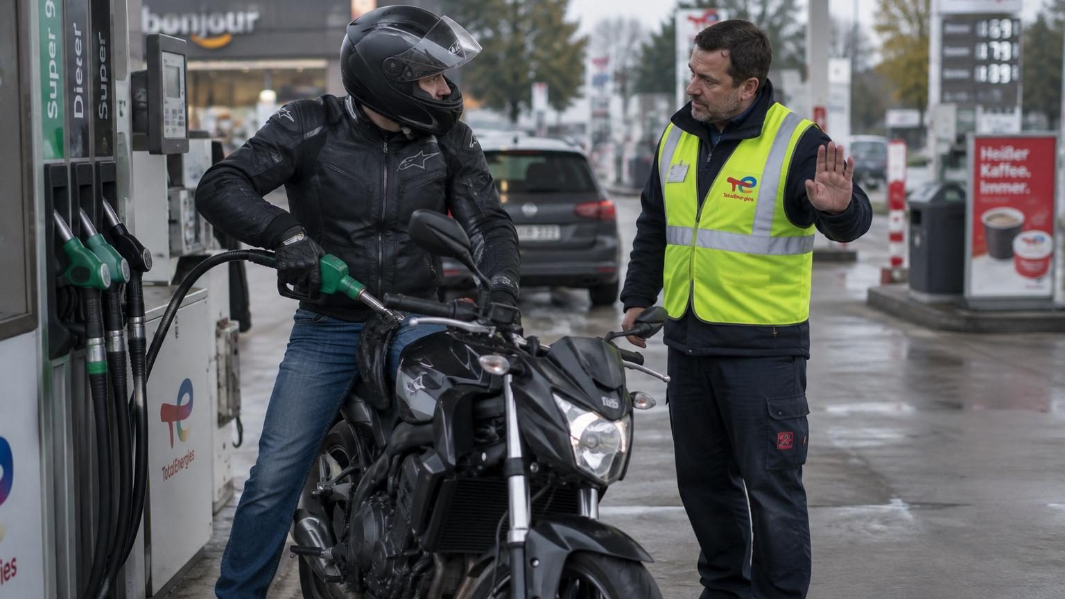 Beaucoup de motards restent assis sur leur moto pour faire le plein : dans de nombreuses stations, c'est désormais interdit