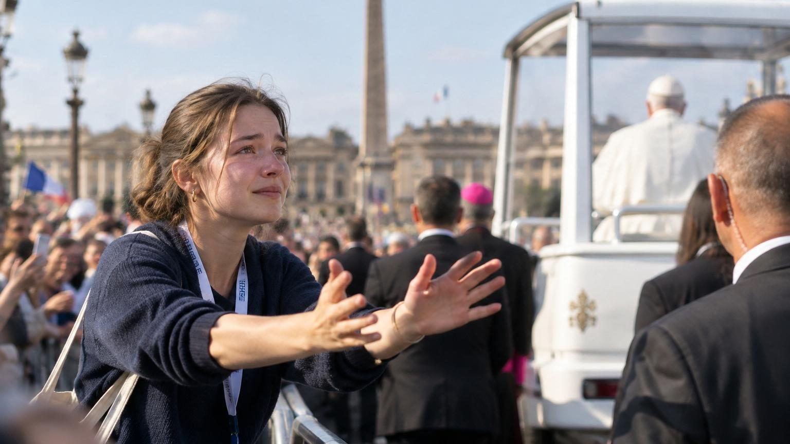 Jeune femme en gilet jaune fluo de bénévole tenant une barrière de sécurité la nuit, place de la Concorde, avec gyrophares bleus et foule dense derrière elle lors de la visite du pape Léon XIV.