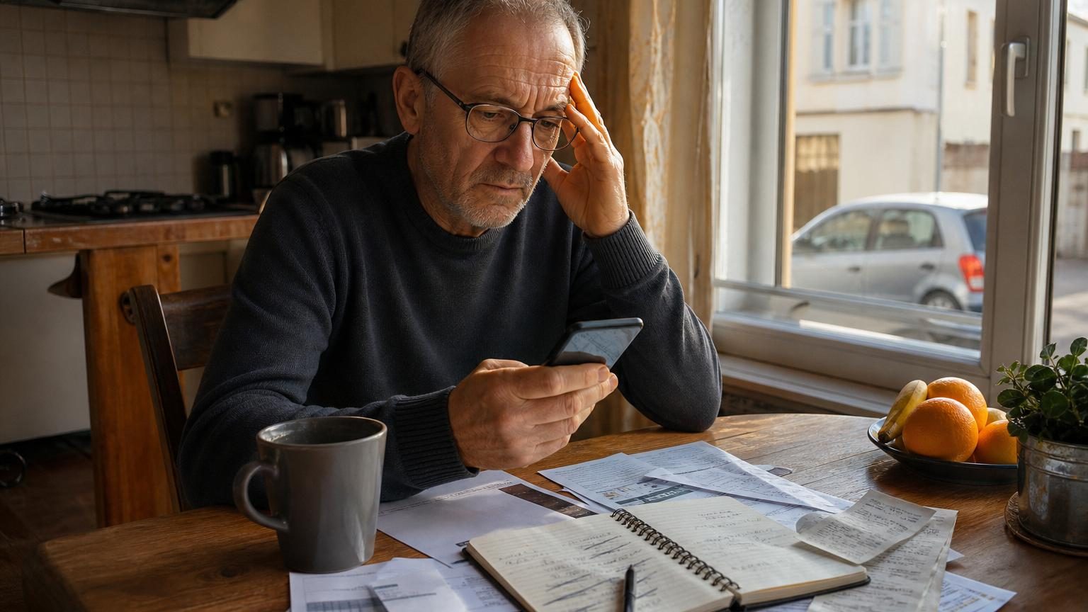Un homme assis à sa table de cuisine consulte son téléphone et des documents administratifs, l'air préoccupé, symbolisant la découverte du montant réel de la retraite et l'ajustement du budget qui en découle.