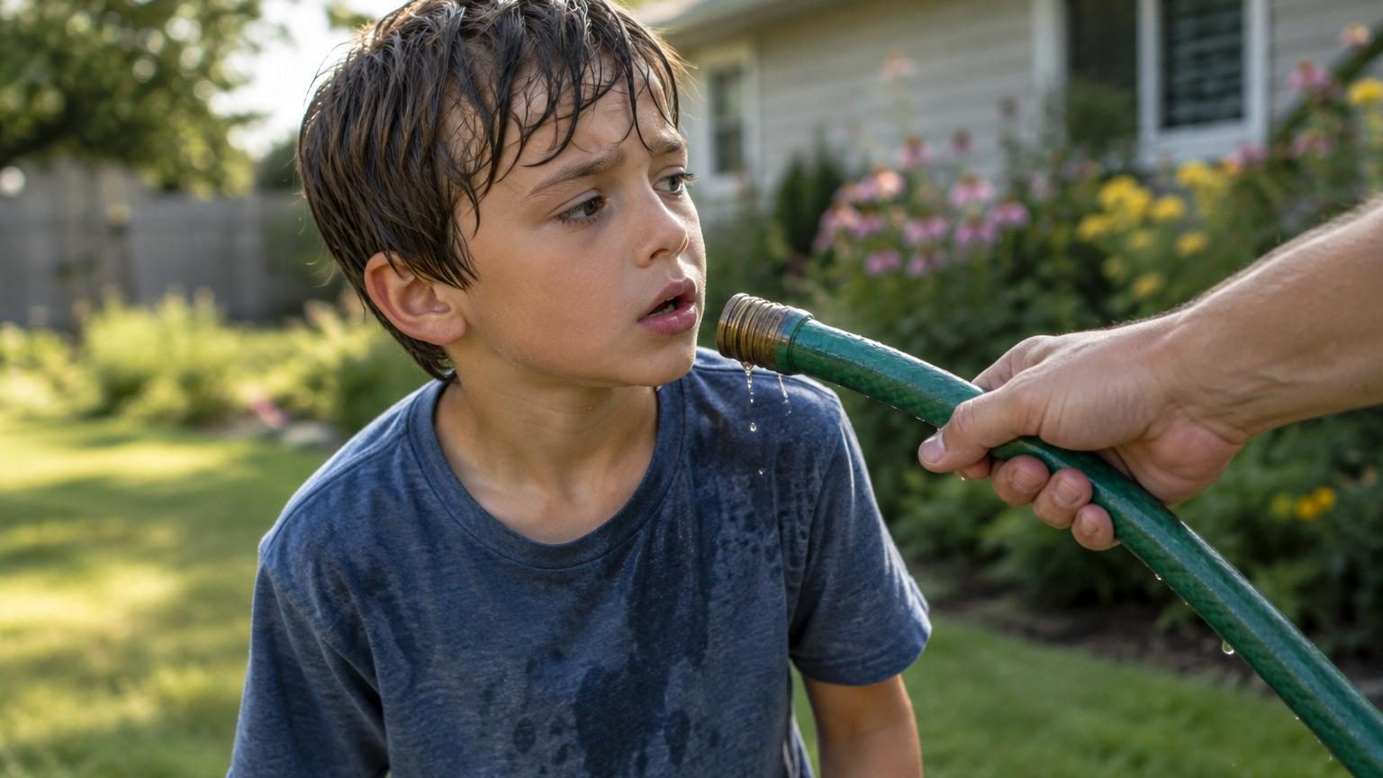 Enfant buvant directement au tuyau d'arrosage vert dans un jardin ensoleillé, illustrant le geste courant mais désormais déconseillé par les autorités sanitaires.