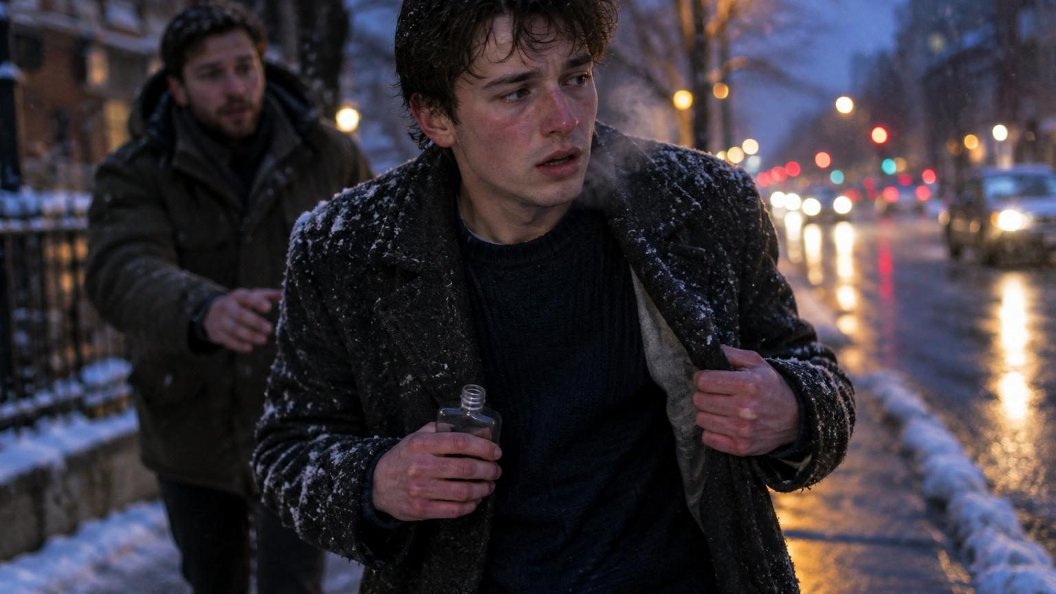 Une personne dehors par temps froid tenant un verre de boisson alcoolisée, paraissant réchauffée mais en réalité exposée aux risques d'hypothermie