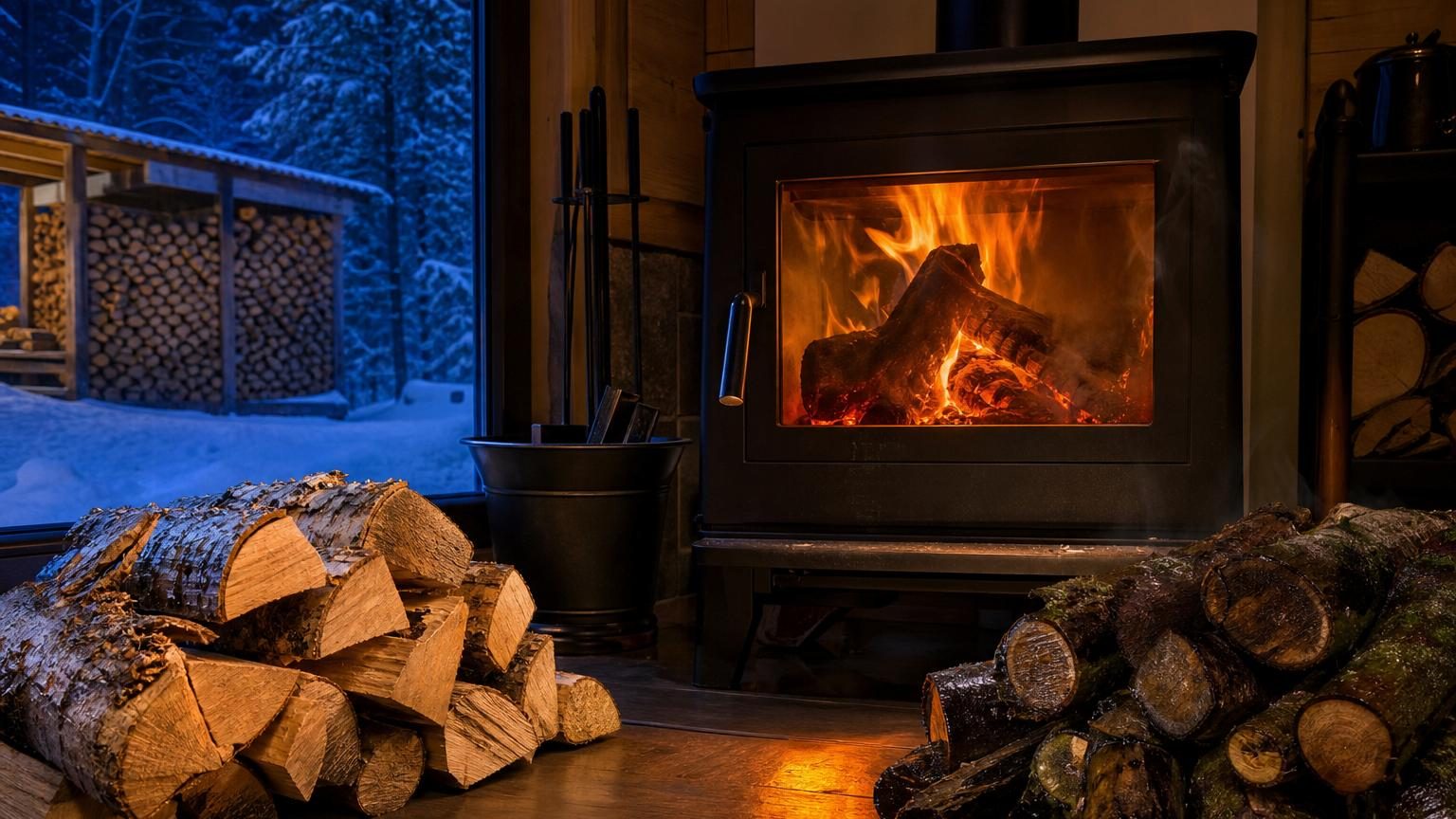 Bûches de bois sec stockées sous un abri ouvert ventilé sur les côtés, surélevées sur palettes, avec quelques bûches fendues révélant l'intérieur sec du bois