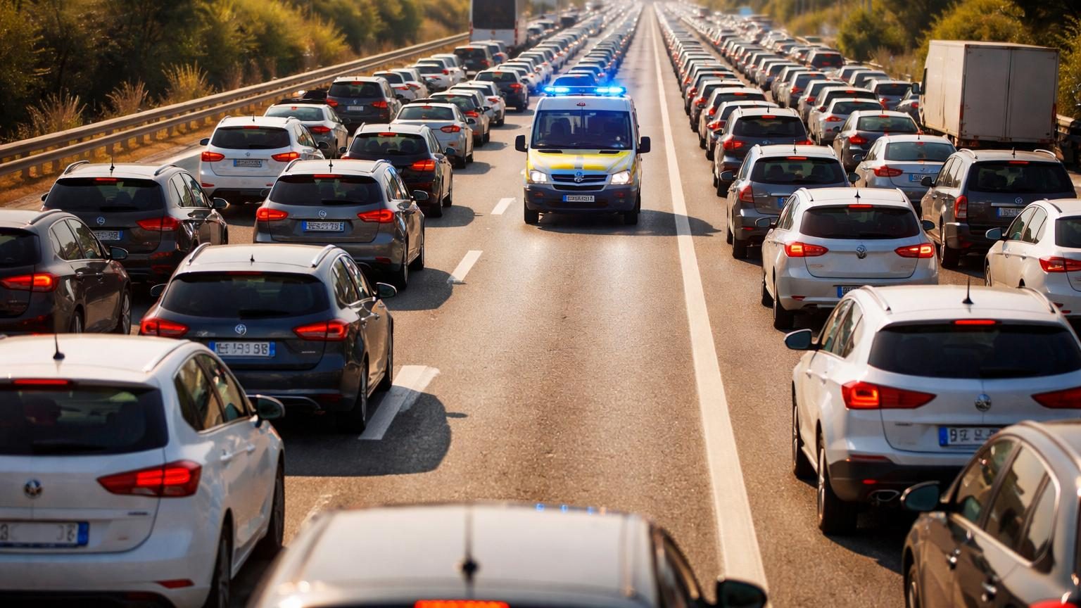 Illustration montrant des voitures alignées sur une autoroute encombrée, avec un espace central dégagé pour laisser passer les véhicules d'urgence