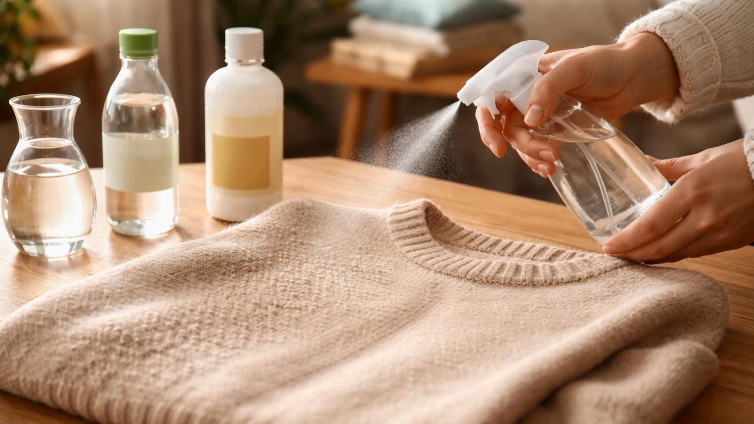 Gros plan sur un pull en laine beige avec quelques petites bouloches visibles sur la surface, et un flacon pulvérisateur transparent rempli de liquide translucide à proximité.