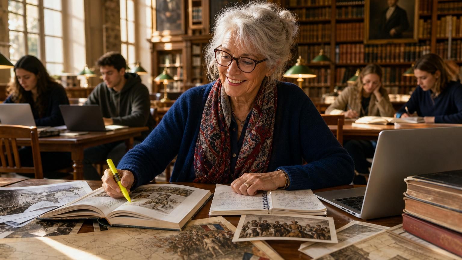 Femme de 69 ans assise à une table de bibliothèque universitaire, cahier et surligneur jaune devant elle, représentant un retraité reprenant ses études avec passion et concentration.