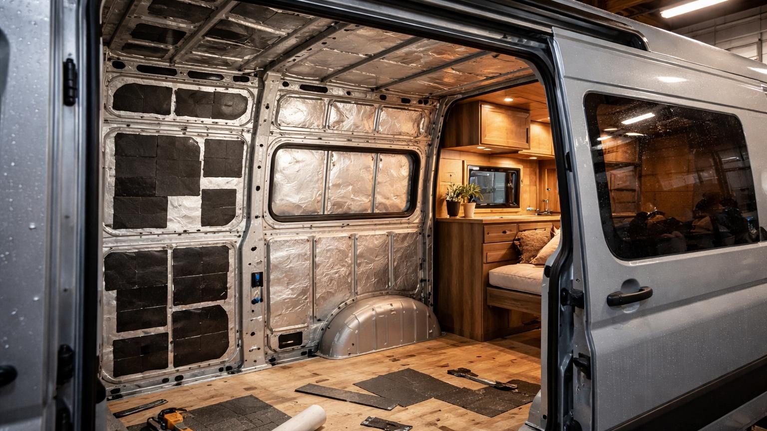 Intérieur de van aménagé montrant l'isolation thermique et acoustique appliquée sur la tôle métallique nue des parois et du toit.