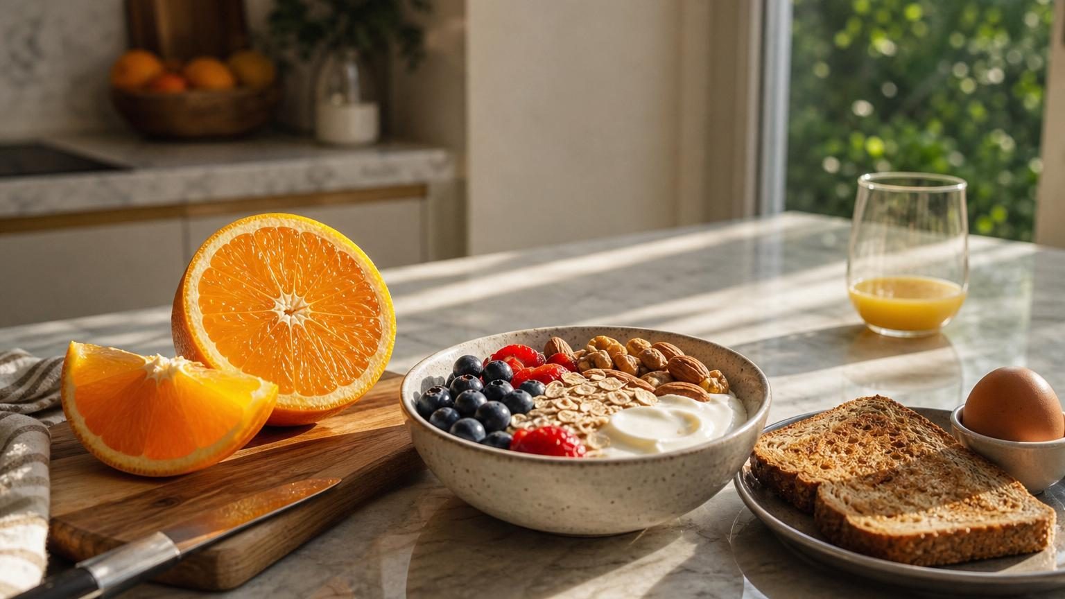 Verre de jus d'orange frais à côté d'une orange entière sur fond blanc, illustrant le contraste entre jus filtré et fruit complet