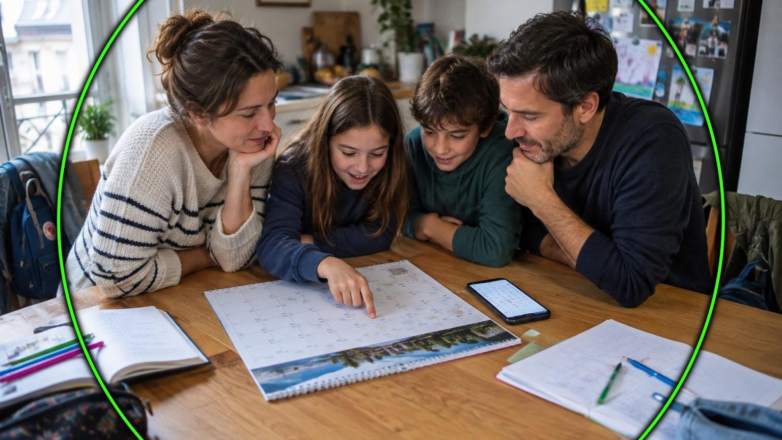 Calendrier ouvert sur les mois de mai 2027, avec le 13 mai entouré en rouge, symbolisant le pont de 4 jours commun aux élèves de toutes les zones scolaires.
